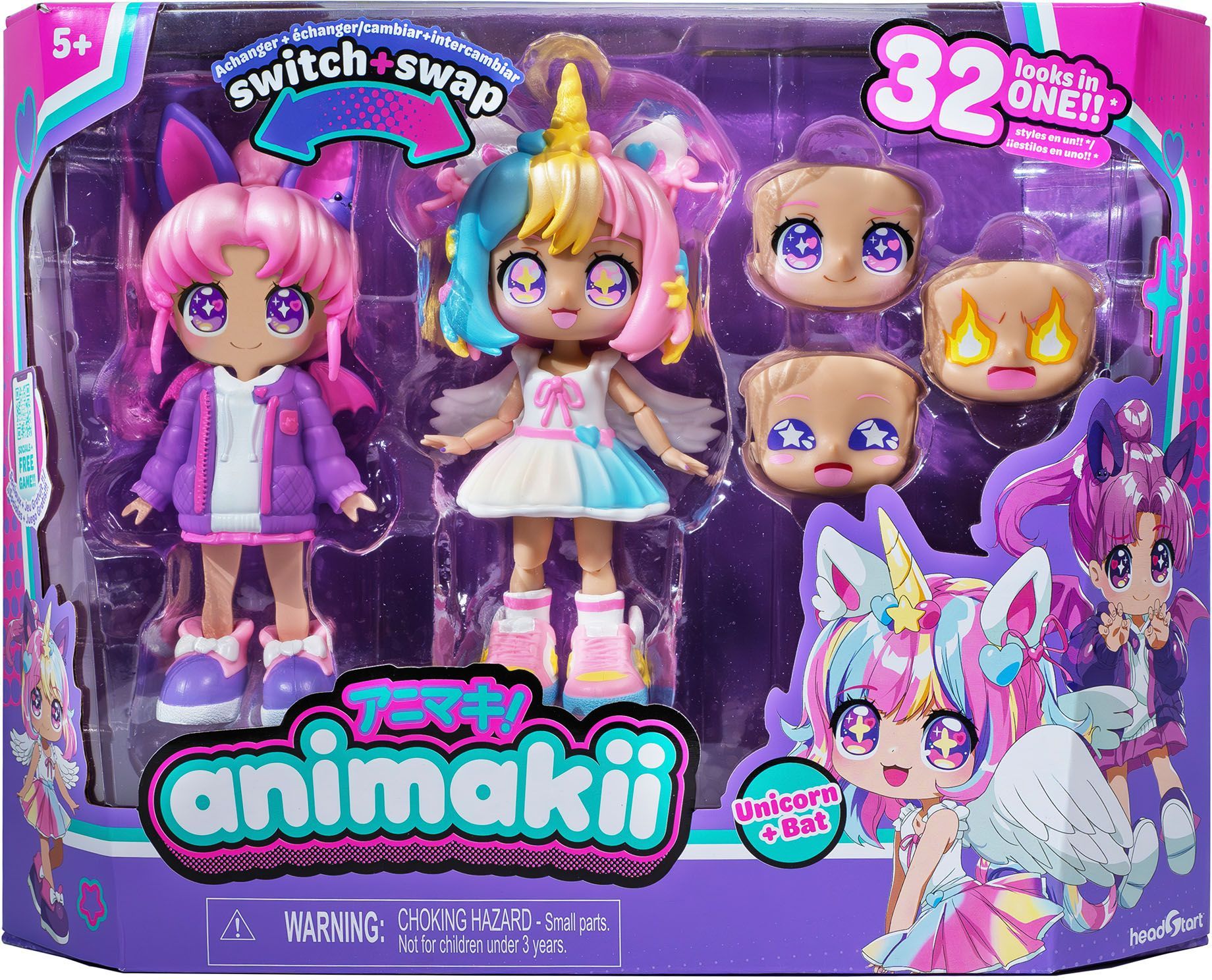 Bandai Animakii Licorne et Chauve Coffret Poupée Personnalisable 1 Poupée 4 Visages 2 Coiffures 2 Tenues 2 Paires de Chaussures Jouet Créatif et + HEA26348