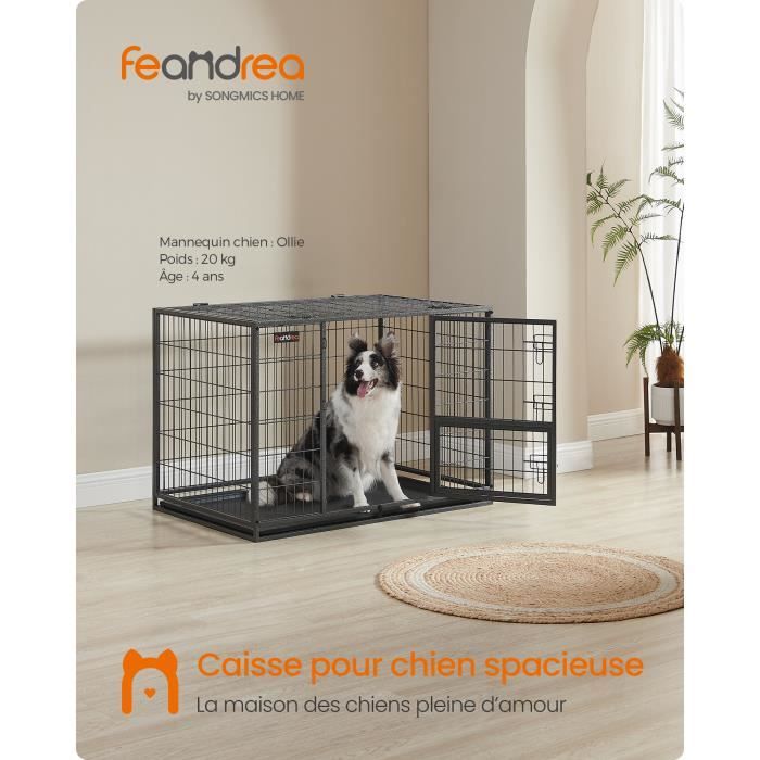 Comparer les prix de Cage pour Chien Lourd, 107 x 70 x 75 cm, pour Chiens Moyens et Grands, Anti-évasion, Double Porte Amovible, XL, Gris