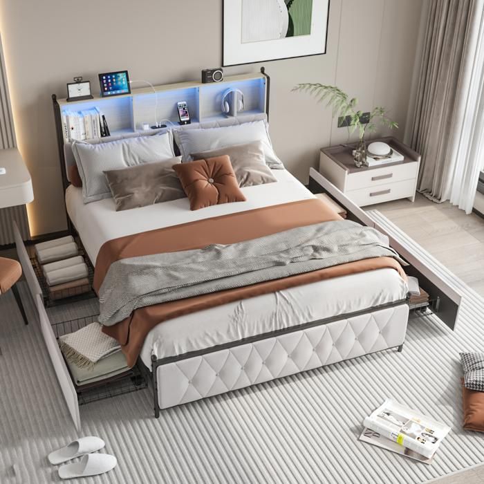 Lit Coffre 160x200 Cm - USB & LED - Tête Avec Rangement - Sommier