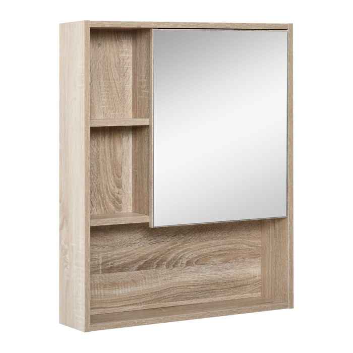 armoire murale de rangement salle de bain avec porte miroir - homcom - chêne - 60l x 15l x h76 cm