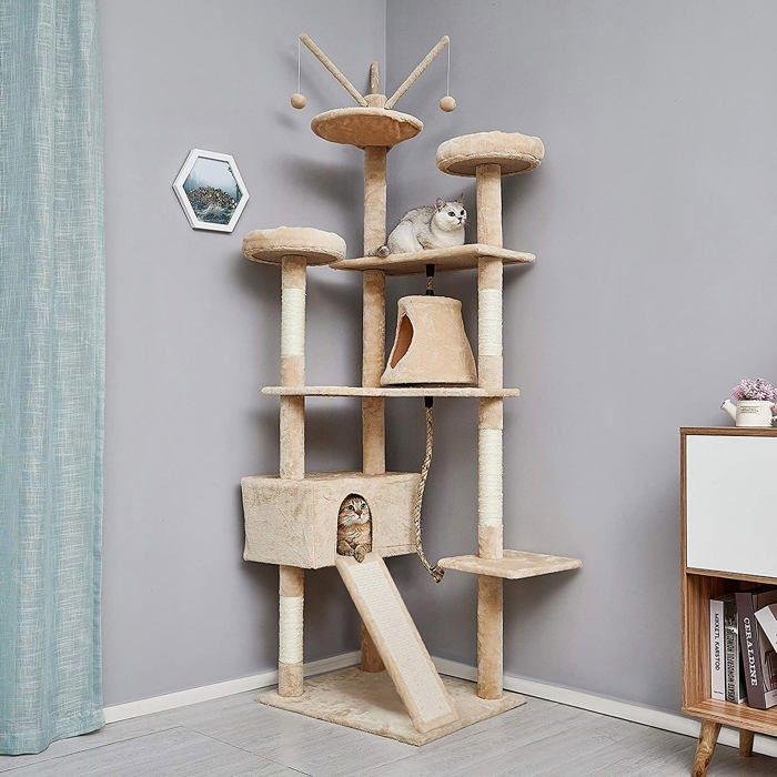 Comparer les prix de Mondeer-Arbre à Chat-H210 cm-avec Plate-Formes-Grande Grotte-Troncs épais en sisal-Planche à griffer-Palais de Chat -Beige