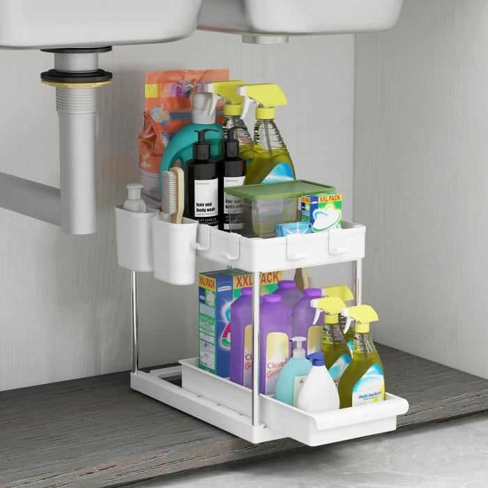 Étagère de Rangement sous Évier, Lot de 1, Multifonctionnelle, 2 Niveaux, 4 Crochets et 2 Porte-Tasses, utilisable dans les Bureaux,