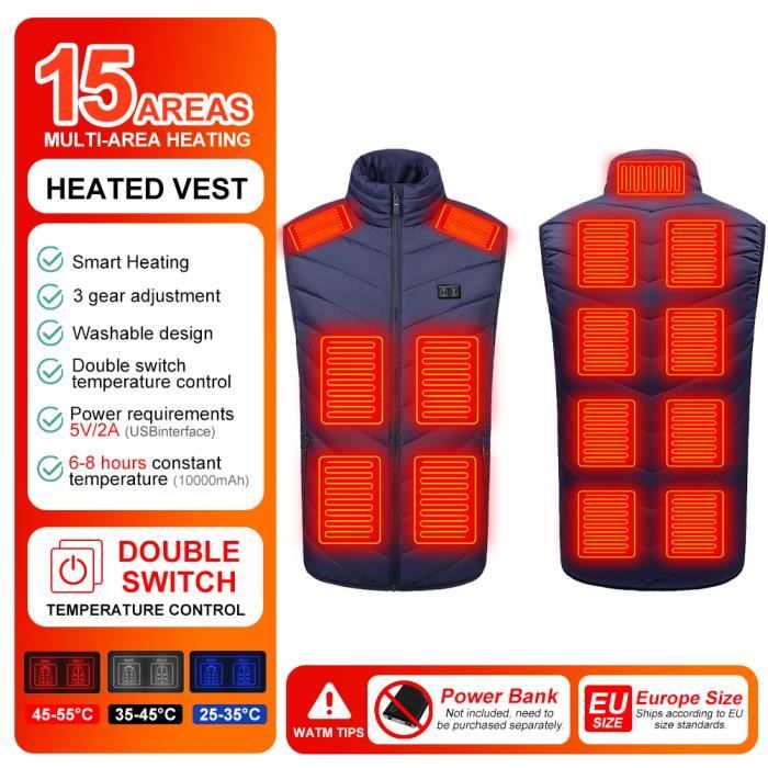 Gilet Chauffant Homme - 15 Zones De Chaleur, Batterie 16000 MAh, 3 Températures - Pour Sport D'hiver