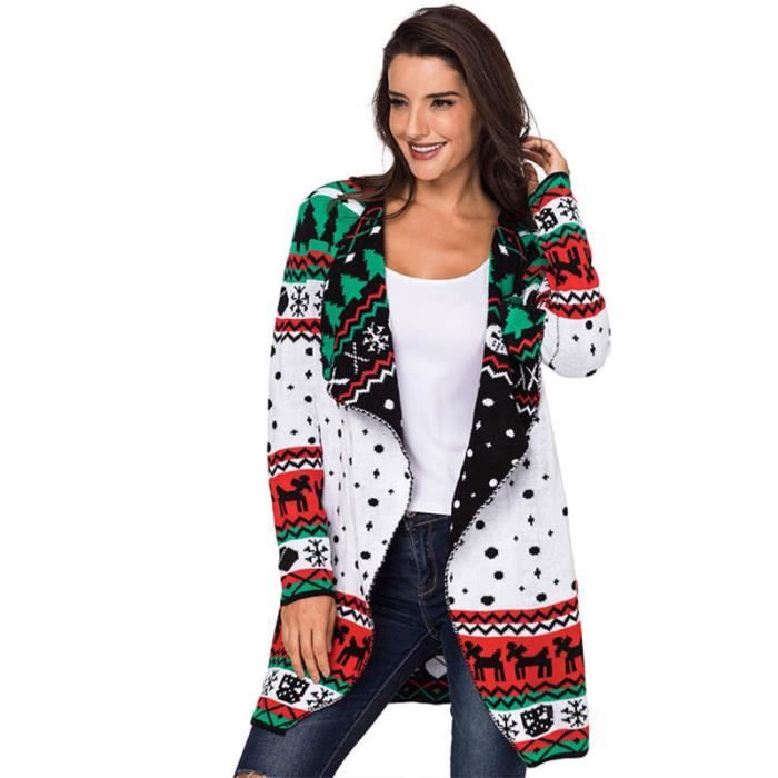 Noel cardigan femme de Marque luxe jacquard de Wapiti Cardigan Section moyenne et longue garder au chaud la mode revers pull femme Blanc Cdiscount Pret a Porter