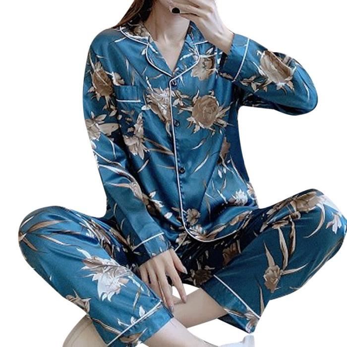 Pyjama en soie femme,NIGHTWA Pijamas ensemble pour Les Femmes 2021 Nouveau  Printemps Coton Femmes Pyjamas Ensembles Pantalon Long V L2917 - Cdiscount  Prêt-à-Porter