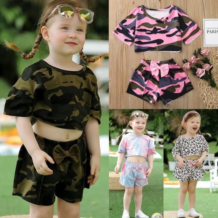 rose 1-6 ans 2 pcs ensemble de vêtements d'été pour bébé enfant fille : haut court camouflage + short nœud papillon