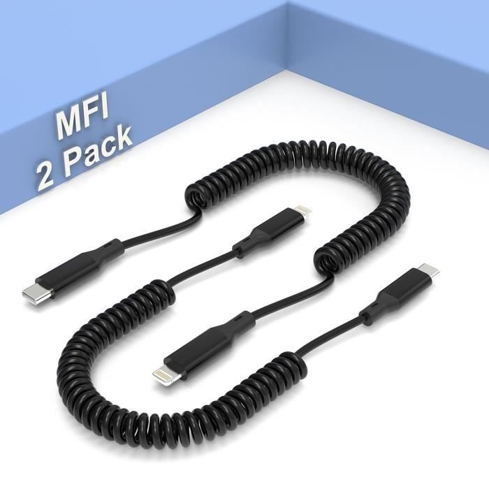 Cable USB C Vers Lightning Spirale, 2 Pack Cable iphone Carplay [Certifié  Mfi], Cable iphone Chargement rapide et[S326]