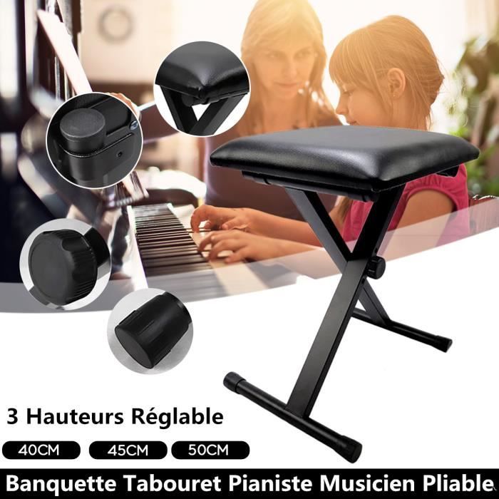 Tabouret De Piano Réglable Noir - 3 Hauteurs, Pliable - Pour Piano, Clavier, Orgue - Confort Et Gain De Place - 3