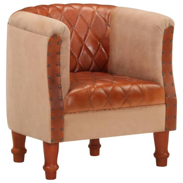 Fauteuil - vidaXL - Marron - Cuir véritable - Bois de manguier massif - 1 place