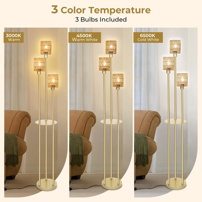 Omdekor Lampadaire Bois 1,6 M Avec Étagères – 3 Températures Couleur E27, Style Scandinave Moderne