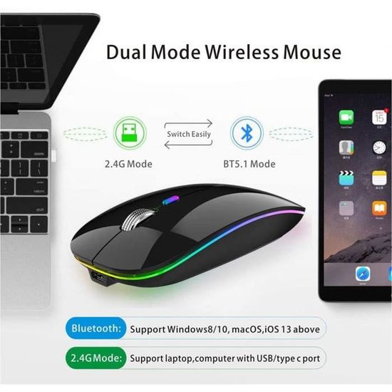 Souris sans Fil Bluetooth, Rechargeable Portable Wireless Mouse (BT 5.1 +  2.4G sans Fil) Souris avec 3 Valeurs DPI pour Tablet-Lapto - Cdiscount  Informatique