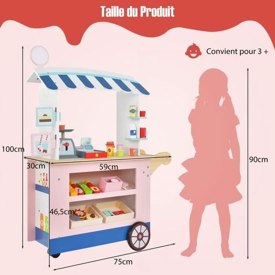 Épicerie Enfant en Bois de Sapin Jeu Imitation avec 43 Accessoires Comptoir avec Auvent Étagères à 2 Niveaux avec Compartiments pour 3+ Ans