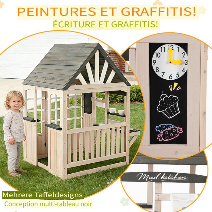 Cabane Enfant AIYAPLAY En Bois - Maisonnette Avec évier, Bancs Et Table, Extérieur, 166x112x139 Cm