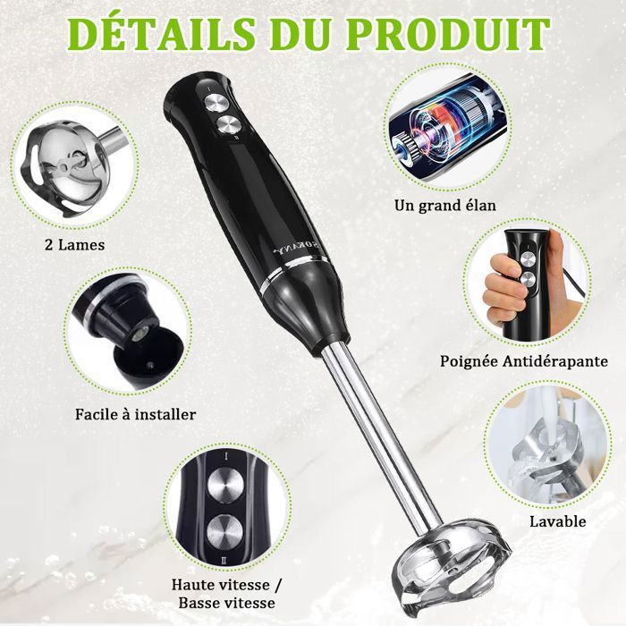 Mixeur Plongeant 1500W 4 En 1 Kolohoso – Blender Inox 4 Lames, 20 Vitesses + Turbo, Fouet, Hachoir, Gobelet, Sans BPA