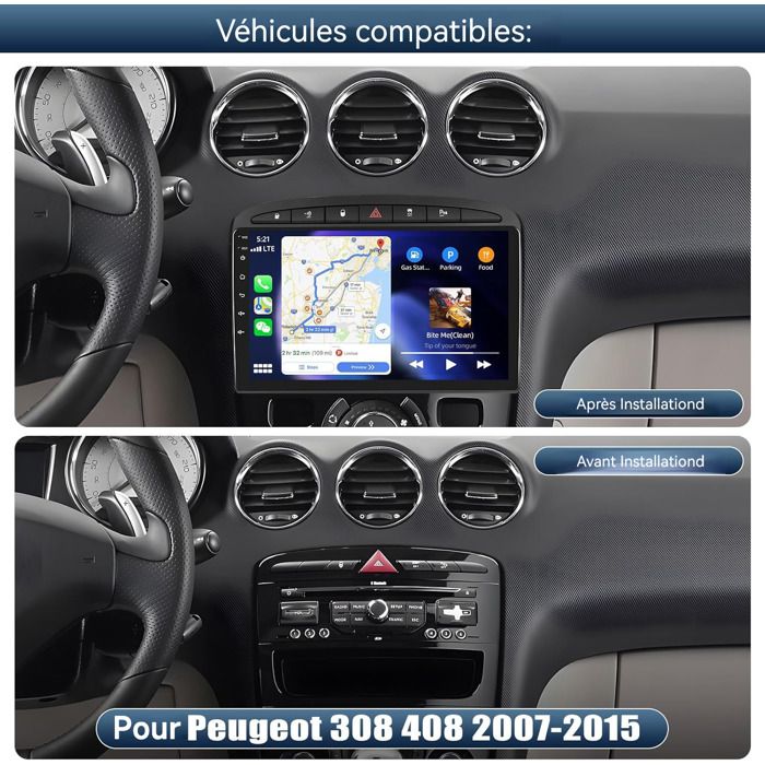 Android Autoradio 9 Pouces 2G+64G Pour Peugeot 308 408 2007-2015 - CarPlay & Android Auto Sans Fil