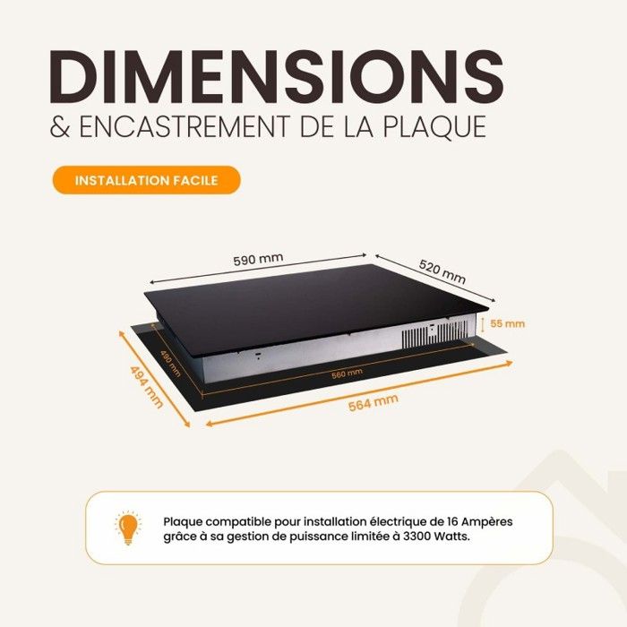 Plaque à Induction YANX 3500W – 65x30 Cm, 11 Niveaux, Minuterie 3h, Noir, Tactile