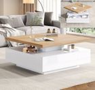 LEYTN Table basse carré 70x70x36cm Table basse brillant salon Table d'appoint avec plateau rotative 360° et 1 tiroir - blanc + noyer