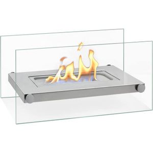 CHEMINÉE Cheminée de table bioéthanol portable - Brian - Blanc - Verre trempé et acier - Combustion 40-60 min