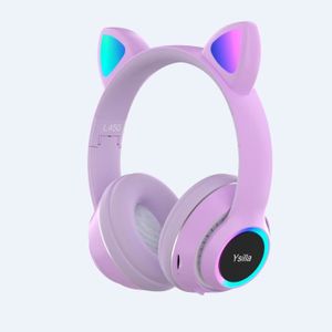 Casque Bluetooth sans fil Cute Cat, casque gamer avec microphone et câble  audio et LED RVB lumineuse