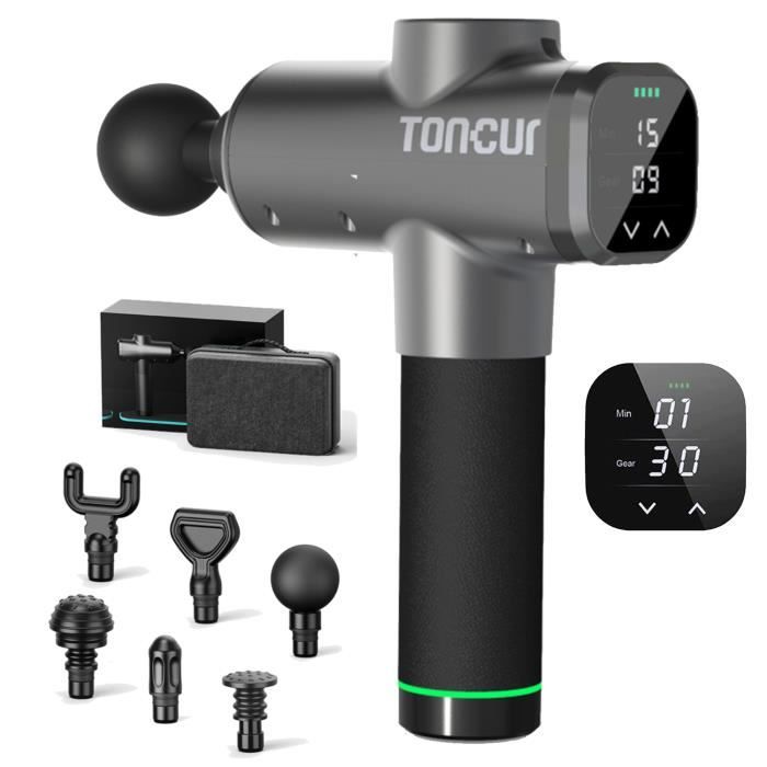 Pistolet de Massage Musculaire - Toncur - Appareil de Massage en Profondeur avec 30 Vitesses et 6 Têtes de Massage