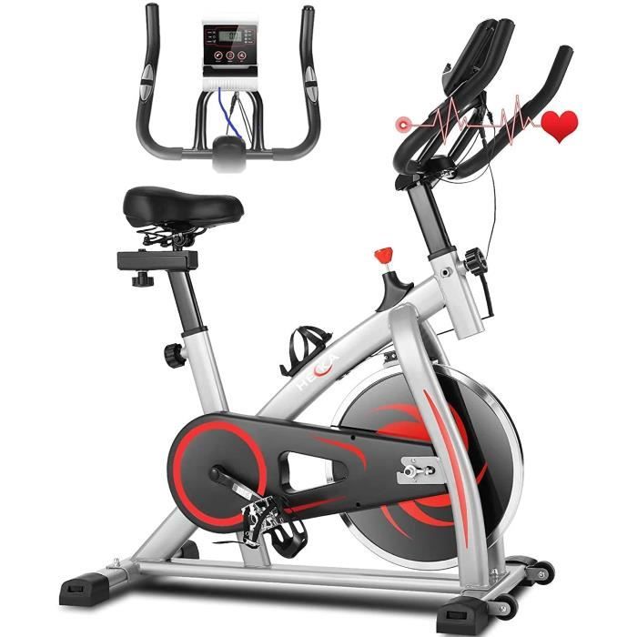 Vélo d'Appartement Cardio Avec APP/ Charge Max 150kg/ Écran LCD/ Capteurs Cardiaque Vélo Spinning Bike Fitness Réglable HEKA-GRIS