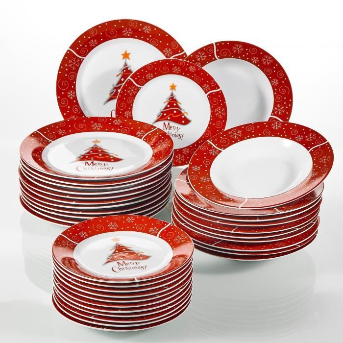 Christmastree, 36 Pièces Plates, en Porcelaine, 12 Assiettes Plates, 12 Assiettes Creuses, 12 Assiettes à Dessert