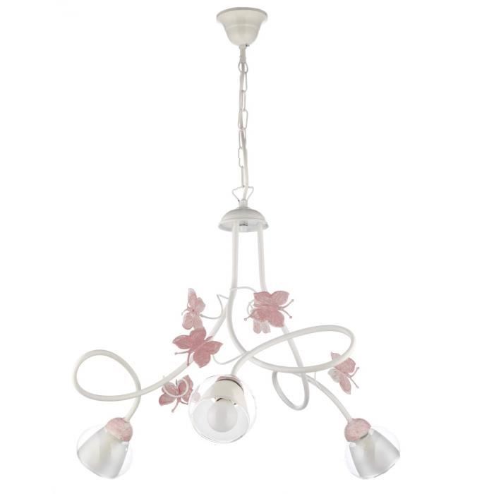 ONLI Lustre 3 lumières chambre en métal blanc avec papillons peints en rose - 4924/3