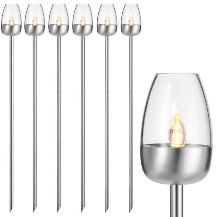 Set de 6 lampes solaires extérieures 112cm jardin effet flamme IP44 lanternes solaires piles acier inoxydable luminaire d’extérieur