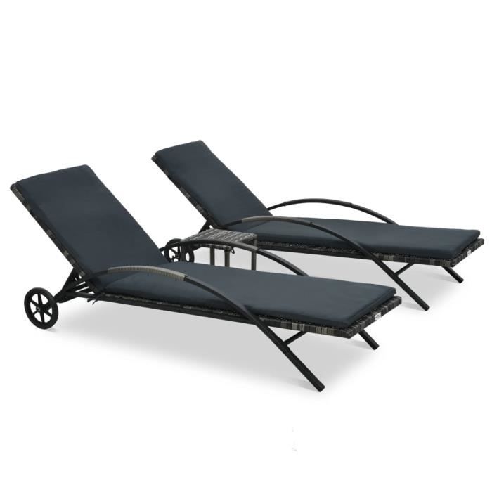 HEG Chaises longues anthracite avec table résine tressée + cadre en acier laqué 200 x 65 x 39 cm gris foncé -9375305154491