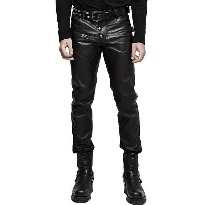 Pantalon noir imitation cuir homme avec crânes et sangles, gothique rock punk rave k-301 - taille homme