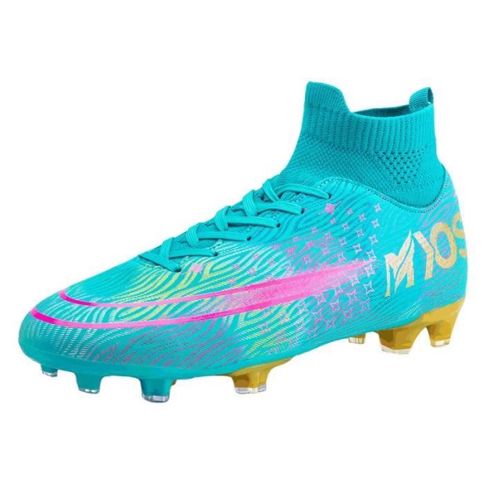 Chaussures de Football Homme High Top Spike Crampons Profession Athlétisme Entrainement Chaussures de Sport bleu