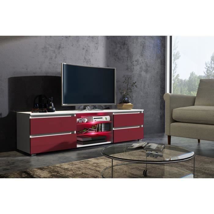 Meuble tv 150 cm blanc mat et façade bordeaux laquée
