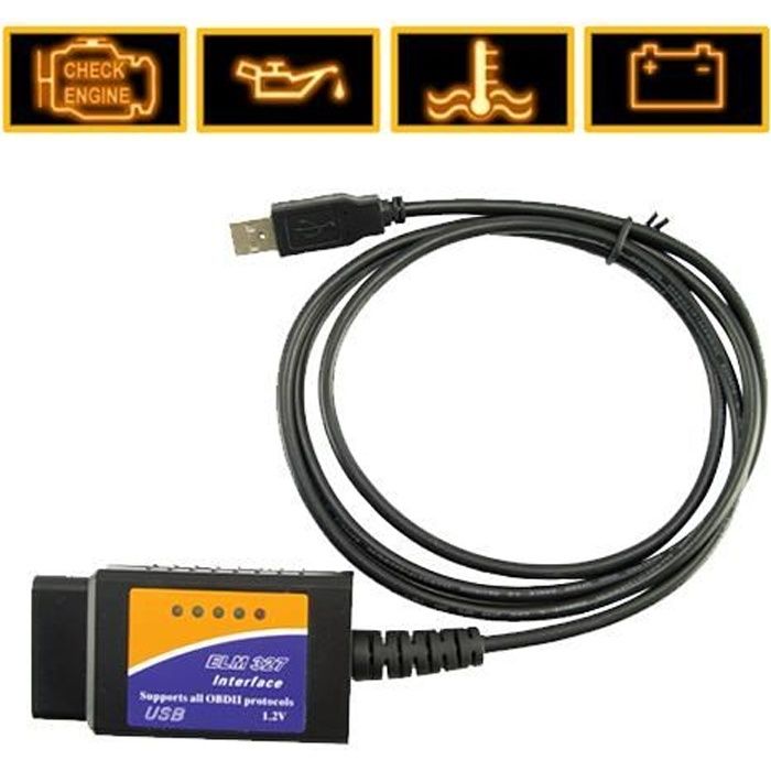 Câble d'interface USB ELM 327 pour diagnostic auto OBD2