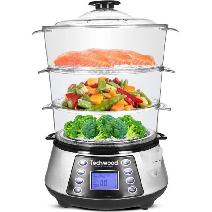 TECHWOOD TCV-1150 Cuiseur Vapeur Inox - 6 Programmes : Légumes/Poissons/Oeufs/Poulet/Riz/Crustacés - Affichage LCD