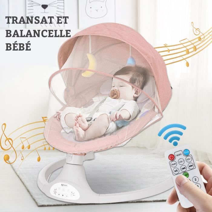 Kimbosmart Balancelle bébé - Transat électrique Rose - 5 Vitesses - bluetooth musique - EU Prise