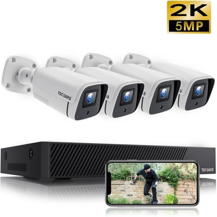 Kit de Caméra Surveillance 2K 5MP TOGUARD 4pcs POE Camera + 1*8CH Extérieur Intérieur NVR Système caméra de sécurité domestique