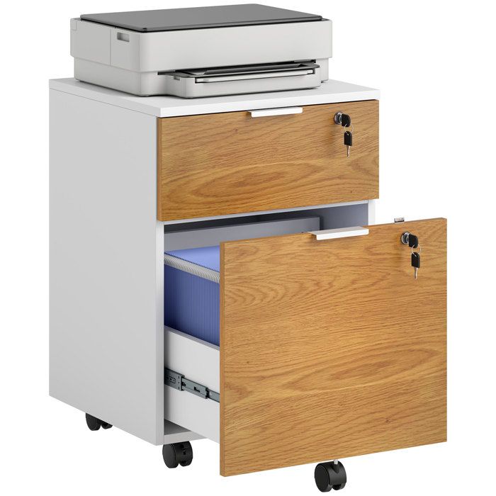 Caisson de bureau HOMCOM meuble de rangement 2 tiroirs 2 barres pour dossier suspendu verrouillable avec 2 clés 42x40x60 cm