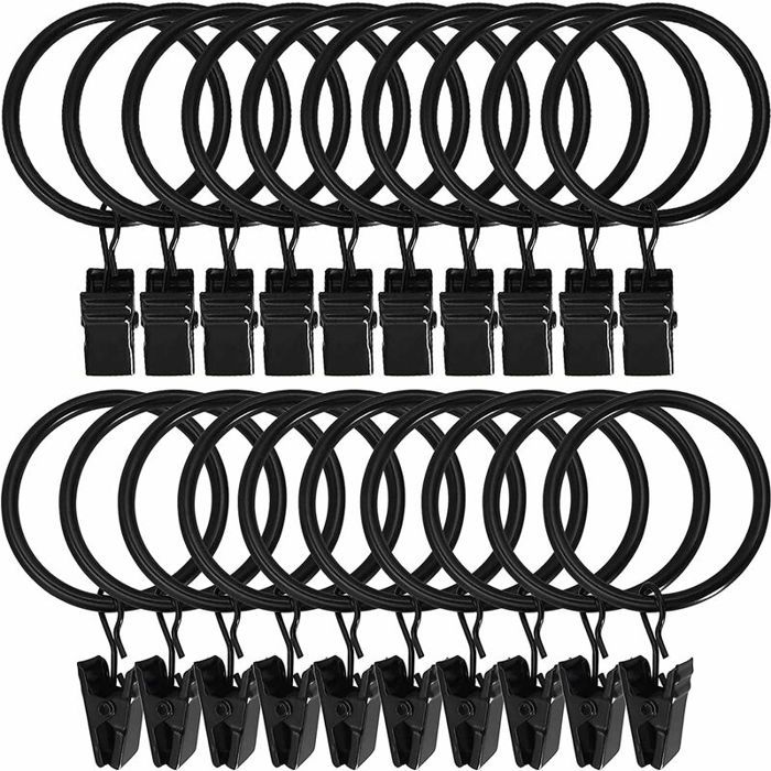 Lot De 22 Anneaux De Rideau Noirs En Métal - Ouverture Clip - Diamètre Intérieur 32mm - Pour Tringles Standard