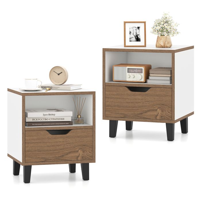 COSTWAY Lot de 2 Table de Chevet avec Tiroir Compartiment Ouvert Pieds Métalliques Chevet de Lit pour Chambre Salon Bureau COSTWAY Lot de 2 Table de Chevet avec Tiroir Compartiment Ouvert Pieds Métalliques Chevet de Lit pour Chambre Salon Bureau