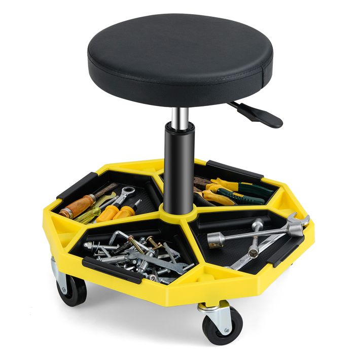 Tabouret D'Atelier Réglable En Hauteur 67-80 Cm Siège De Mécanicien Avec Plateau à Outils 4 Roues Universelles Charge 150 Kg Noir Jaune