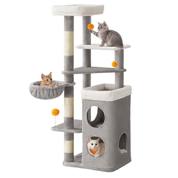 Feandrea Arbre à Chat 152 cm de Haut Plusieurs Niveaux avec 2 Grandes Niches 1 Hamac 3 Poteaux à Griffer 3 Plateformes Gris