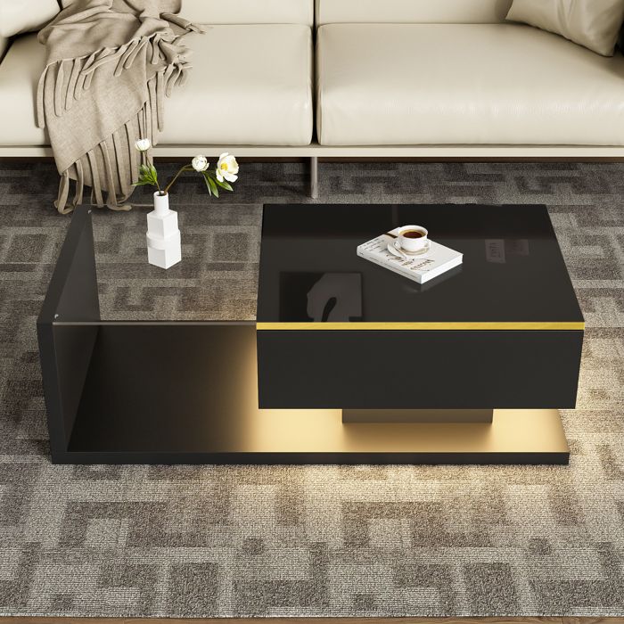 Table basse moderne - Finition brillante - Verre - Éclairage LED - Rangement - Noir