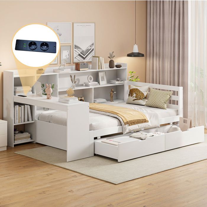Canapé-lit - SOGEU - Multifonction 90x200 - Bois massif - Rangement intégré - Ports USB & bureau