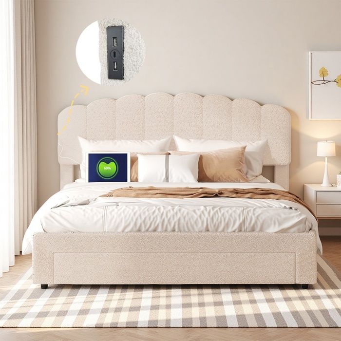 Lit Double Rembourré 160x200 avec Tiroir de Rangement et Sommier à Lattes Lit Capitonné avec USB et Type C en Velours Teddy Beige