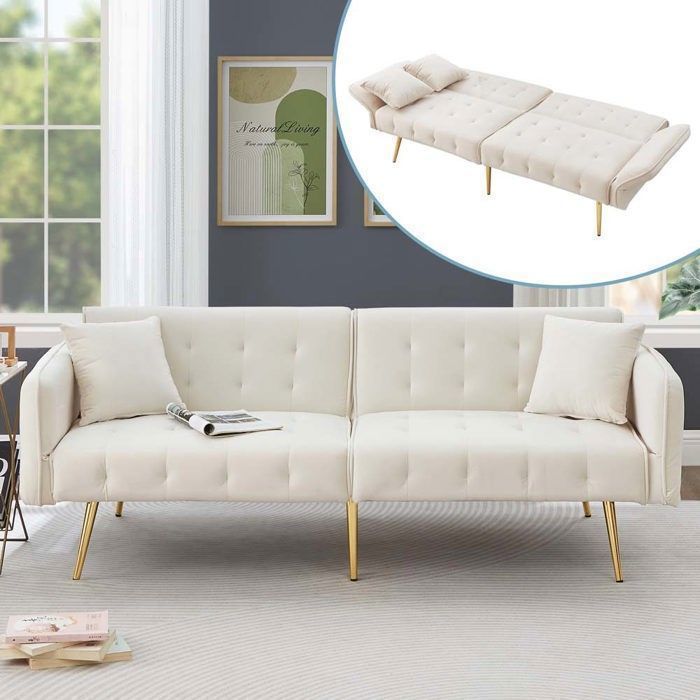 Canapé convertible - Canapé convertible deux places - Dossiers réglables - Tissu velours blanc - Couchage 80x200 cm