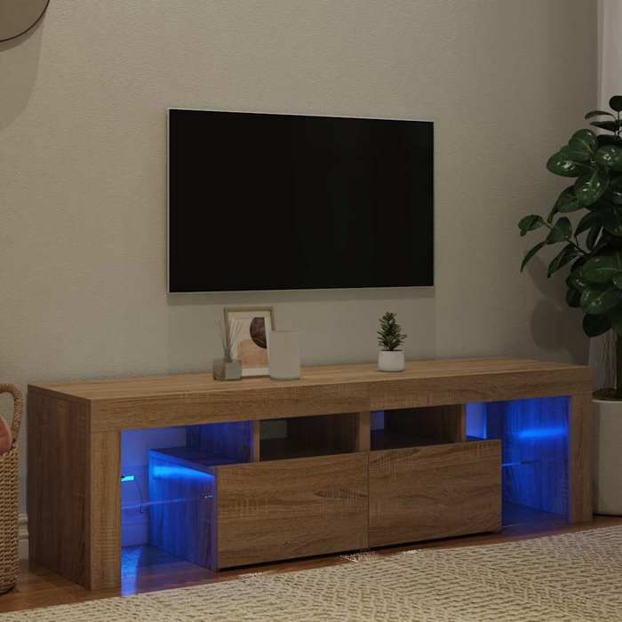 Meuble TV avec lumières LED - Happiness - Chêne sonoma - 140x365x40 cm - Lumières LED RVB - Grand espace de rangement