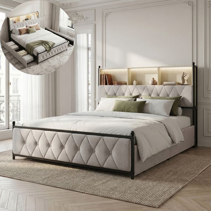 Lit 160x200 cm DRELYGWEA LED sommier à lattes 4 tiroirs cadre de lit adulte 160x200 avec rangement tissu en velours beige