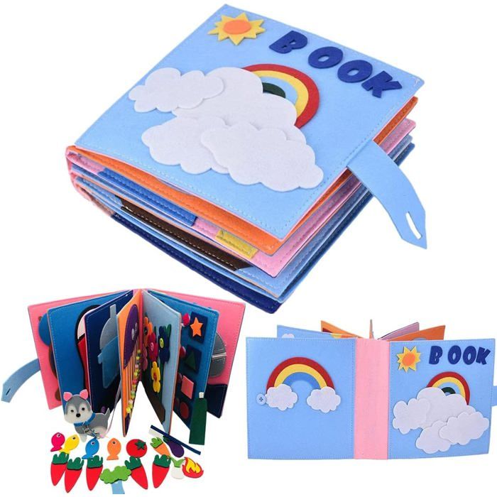 Livre Montessori Tangdudu – Quiet Book 10 Thèmes (animaux, Couleurs, Formes, Fruits, Légumes, Véhicules, Météo, Aliments, Dinosaures) – Dès 1 An