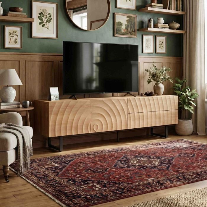 Meuble TV 180cm - AMBIANCE - Façade Ondulée 3D - 2 Portes & 2 Tiroirs - Pieds Métal Noir - Style Scandinave - Bois Naturel Meuble TV 180cm - AMBIANCE - Façade Ondulée 3D - 2 Portes & 2 Tiroirs - Pieds Métal Noir - Style Scandinave - Bois Naturel