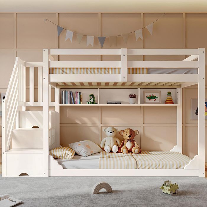 Lit superposé enfant 90x200 cm blanc armoire escalier rangement bois frères sœurs sécurité sans matelas Lit superposé enfant 90x200 cm blanc armoire escalier rangement bois frères sœurs sécurité sans matelas